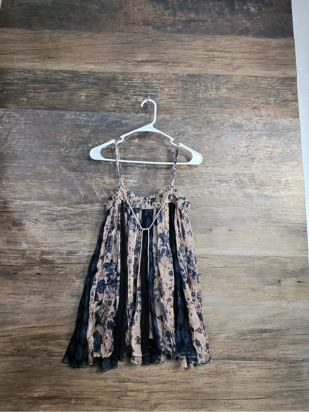 Free People Beige and Black Floral Tank with Tassel Tie